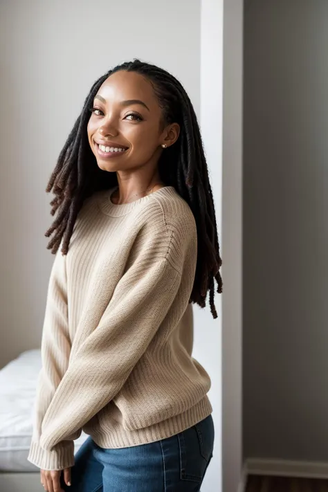 raw photo realistic, masterpiece, best quality, loganb <lora:loganbrowningV05:1> , <lora:polyhedron_skinny_all:.2>, solo, long sleeve sweater,  long hair, smiling, posing in a minimalist apartment,  modern clothing , high resolution, 8k, photo, depth of field,