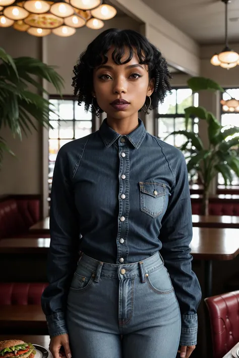 RAW Photo, loganb <lora:loganbrowningV05:1> , <lora:polyhedron_skinny_all:.2> , (solo), blue intricate fast food long sleeve uniform, blue jeans, black eyeliner, short curly hair with bangs, black lipstick, thin arms, holding a plate of food , in a vintage restaurant, standing next to table, looking at camera, ultra realistic, masterpiece, low camera shot , finely detailed skin, photograph, high resolution, 8k, realistic lighting, photo, depth of field