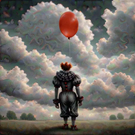 <lora:DeepDream2:1> pennywise, clouds blue sky