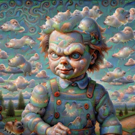 <lora:DeepDream2:1> chucky, clouds blue sky (((DeepDream2)))