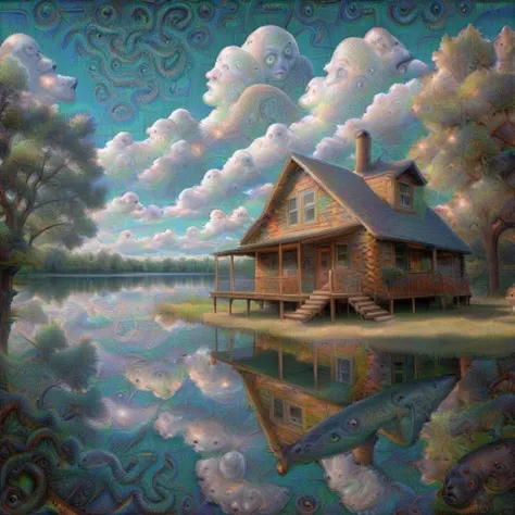 <lora:DeepDream2:1> jason voorhees,clouds blue sky , lake, cabin ((DeepDream2)))