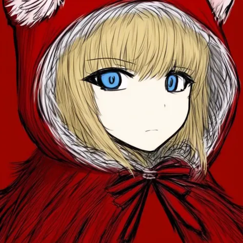 1girl,animal hood,  bangs, black souls, blonde hair, blue eyes, cape, cloak, closed mouth, expressionless, fur trim, looking at viewer, medium hair, official art, portrait, rating:safe, red background, red dead hood, red hood, red hood (black souls), ribbon, simple background, sketch, solo, sushi yuusha toro