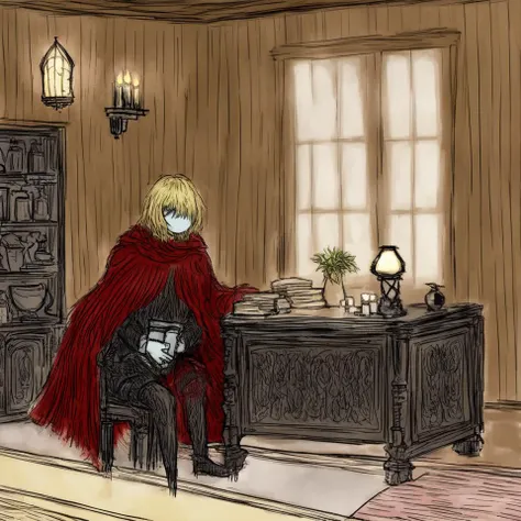 1boy, 1girl, bangs, black footwear, black souls, black thighhighs, blonde hair, blue eyes, book, bookshelf, boots, bottle, cabinet, candle, cape, carpet, chair, cloak, clock, couch, cup, curtains, dark, desk, door, expressionless, faceless, faceless male, full body, globe, grimm (black souls), hands on lap, headwear removed, indoors, jaggy lines, lamp, long sleeves, medium hair, plant, potted plant, red cloak, red dead hood, red hood (black souls), rug, shelf, sitting, sketch, solo, spot color, stool, sushi yuusha toro, table, thigh boots, thighhighs, vase, wheel, window, wooden floor, wooden wall