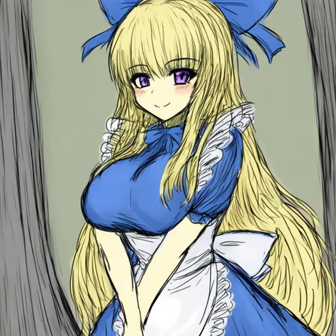 1girl, apron, black souls, blush, bow, breasts, dress,blue dress,   ribbon, sketch, mature female,  smile, solo, sushi yuusha toro, tree, blonde hair, blue eyes, hair bow, hair ribbon, large breasts, long hair, looking at viewer, purple eyes, very long hair, alice \(Black Souls\),blue ribbon, alice \(alice in wonderland\),white apron,