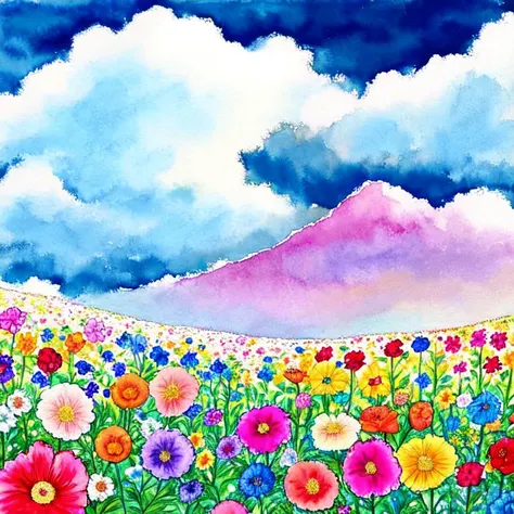 flower meadow, beautiful colors, watercolor, clouds