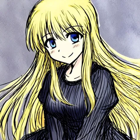 1girl, smile, black dress, very long hair, sketch , jaggy lines, (blue eyes:0.5), (watercolor:0.9),blonde hair