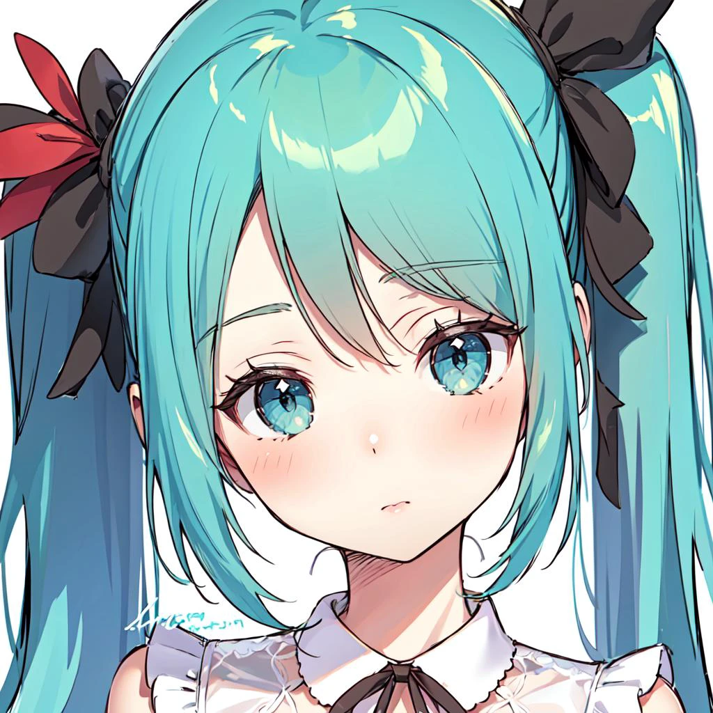 beautiful,(realistic face:1.2),shaded face,slender, masterpiece, best quality, extremely detailed face, perfect lighting, 1girl, solo, simple white background, lether jacket, 1990s artstyle, aqua hair, aqua eyes, colored eyelashes, <lora:World_is_mine_Miku_outfit-10:1>, hatsune miku, world_is_mine_miku, long hair, twintails, dress, white dress, hair ribbon, mismatched ribbon, red ribbon, black ribbon,