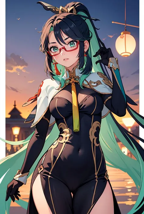 (masterpiece, best quality), 1girl, <lora:xianyun:0.8> 1girl,hair ornament,multicolored hair,very long hair, ponytail,green eyes,red glasses,under-rim eyewear, earrings, tassel,jewelry, capelet, bodysuit, long sleeves, black gloves,long dress,bodystocking,hip vent, clothing cutout,