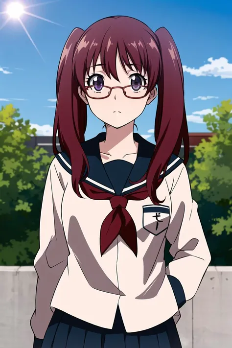 best quality,masterpiece,looking at viewer,absurdres,1girl,
depth of field,noyamano ringo,red hair,purple eyes,twintails,long hair,school uniform,serafuku,skirt,glasses,day,outdoors,sky,sun,park,red-framed eyewear,<lora:010-é£è½®å°å¹´-éå±±éææªV1-000010:0.6>,