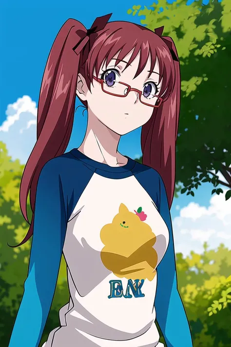 best quality,masterpiece,looking at viewer,absurdres,1girl,
depth of field,<lora:010-é£è½®å°å¹´-é山鿿ªV1-000010:0.7>,noyamano ringo,red hair,purple eyes,twintails,long hair,glasses,red-framed eyewear,day,outdoors,sky,sun,park,ribbon,raglan sleeves,shirt,