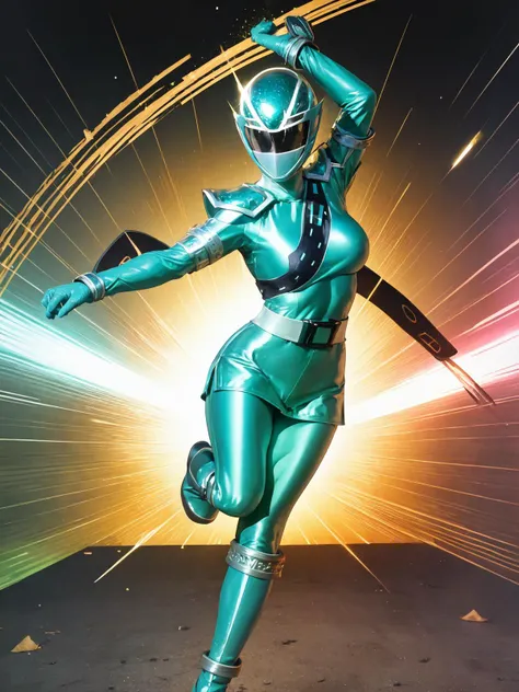 (masterpiece, best quality, ultra detailed, absurdres:1.5),(extremely detailed CG), perfect face,perfect female body, shiny skin, lustrous skin, 1girl,solo,dynamic pose,fighting pose,mature female,large breasts,abs, <lora:KiramaiGreen-10:0.69> kiramaigreen, helmet, belt, bodysuit, boots, gloves, shiny green bodysuit,shoulder armor, arm guards, shin guards, leg armor, breastplate,flashy background,visor, reflective mask, shiny clothes, (covered nipples,cameltoe:0.4),