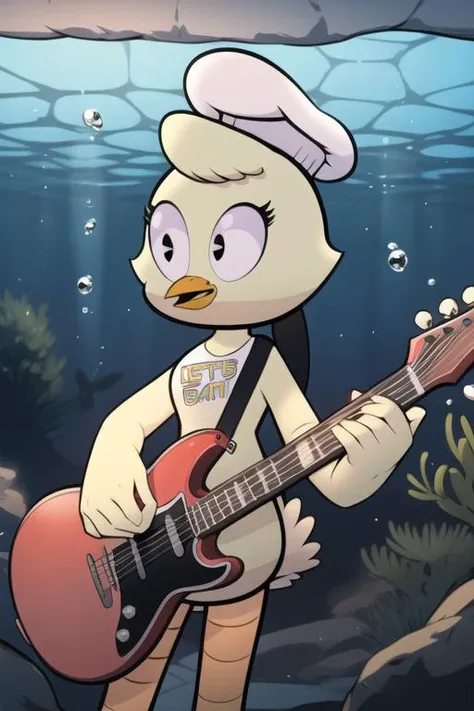<lora:chica-08:1> chica, solo, full body,  detailed background, under water, playing guitar, masterpiece, best quality