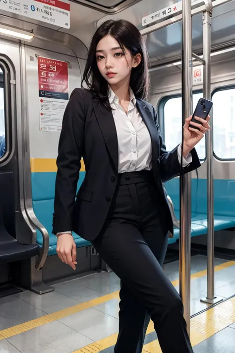 masterpiece, best quality, (realistic), high quality, 4k, (masterpiece:1.2), (best quality:1.2), (Realistic photos:1.2), 8K, Movie poster photos, intricate details,
A young Korean woman in office attire stands holding a subway handrail, deep in thought as she travels to work during the morning rush hour. She wears a grey blazer with matching trousers and black heels. Her jet black hair is parted neatly and cascades over her shoulders. In one hand she grips her phone while the other holds her balance steady as the train sways. Blurred urban commuters fill the subway car around her, but the woman gazes contemplatively into the distance, mentally preparing for the busy day ahead. The metallic rattling of the train on the tracks fills the background as city buildings swiftly pass by outside in the emerging daylight
(( 3/4 body )), (masterpiece,best quality:1.5)