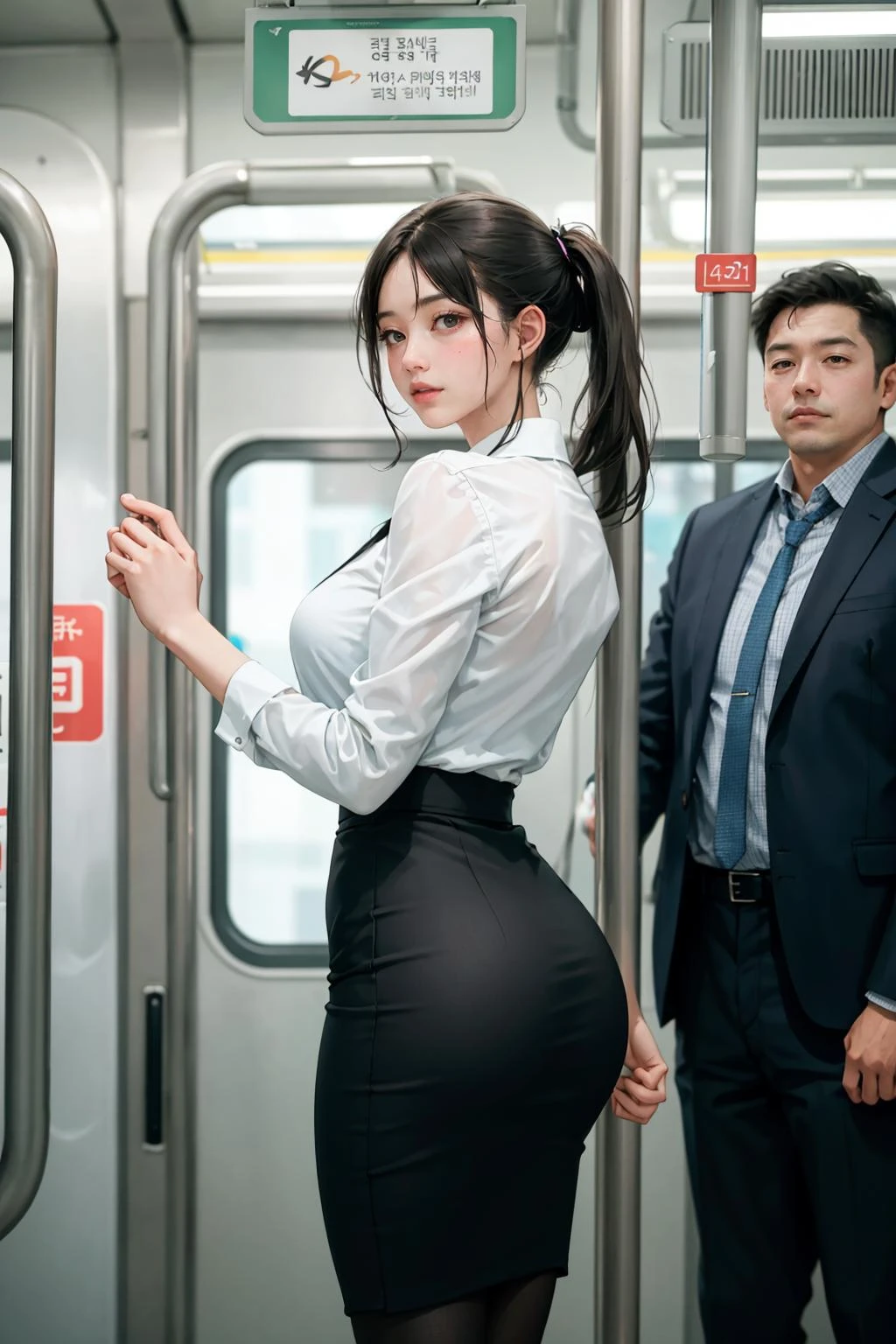 masterpiece, best quality, (realistic), high quality, 4k, (masterpiece:1.2), (best quality:1.2), (Realistic photos:1.2), 8K, Movie poster photos, intricate details,
A young Korean woman in office attire stands holding a subway handrail, deep in thought as she travels to work during the morning rush hour. She wears a grey blazer with matching trousers and black heels. Her jet black hair is parted neatly and cascades over her shoulders. In one hand she grips her phone while the other holds her balance steady as the train sways. Blurred urban commuters fill the subway car around her, but the woman gazes contemplatively into the distance, mentally preparing for the busy day ahead. The metallic rattling of the train on the tracks fills the background as city buildings swiftly pass by outside in the emerging daylight
(( 3/4 body : 1.2 )) <lora:GoodHands-vanilla:1> , (( big breasts )) , (( cleavage ))
(((( 5+ old men )) standing around
<lora:uglyBastard_v54a:1>
(((<lora:grabbing_anothers_ass_v.2.3:1> grabbing another's ass, 2boys, from side, netorare, pencil skirt, office lady,, masterpiece, best quality, highly detailed,)))
<lora:grabbing_anothers_ass_v.2.3:0.8>, (masterpiece,best quality:1.5)