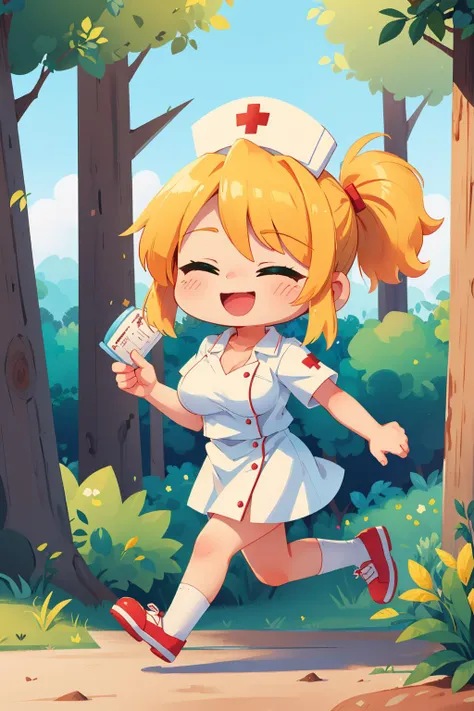 masterpiece, best quality, <lora:nurse-terraria-richy-v1:1> terrarianurse, green eyes, blonde hair, nurse, nurse cap, running, from side, closed eyes, happy, forest, smile, large breasts, chibi