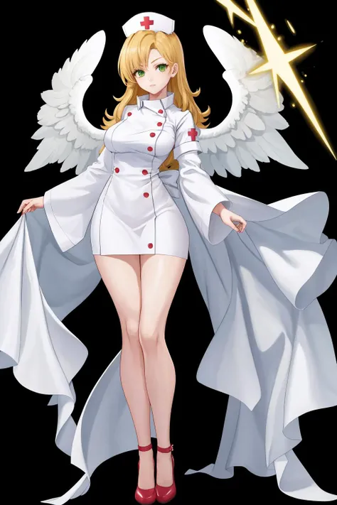 masterpiece, best quality, 1girl, solo, standing, full body, (black background, simple background:1.3), <lora:FEH_Concept_v2:1> <lora:nurse-terraria-richy-v1:1> terrarianurse, green eyes, nurse cap, nurse, dagger, high heels, bare legs, long legs, wide hips, angel, halo