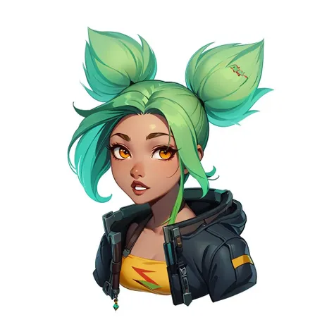 chibi girl ,zeri, yellow crop top, jacket,twintails, brown skin,white background, <lora:Zeri-t3:0.7> <lora:Em0tes-lbw:1>