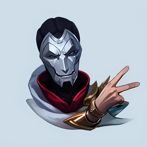 realistic,jhin,cape,vest,hand up, white background, <lora:jhin-t5:0.8><lora:Lol Emotes:1>