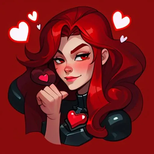 person with red long hair , HEART,hand on chin <lora:Em0tes-lbw:1>