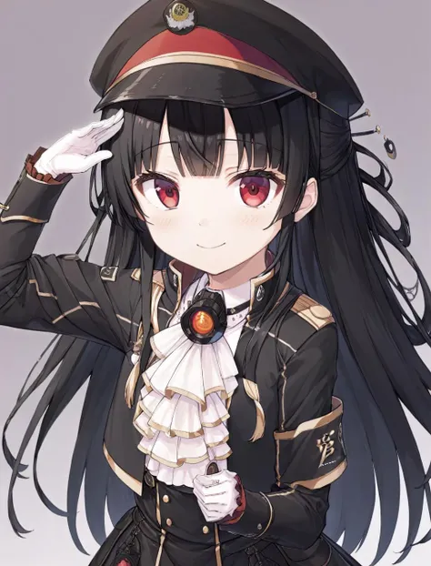 black hair,red eyes,bangs,long hair,
8620 \(uniform\),peaked cap,white gloves,black jacket,black skirt,black headwear,white ascot,armband,
smile,closed mouth,
standing,adjusting headwear,
white background,
upper body,<lora:86xl_v1.4-000010:1>,