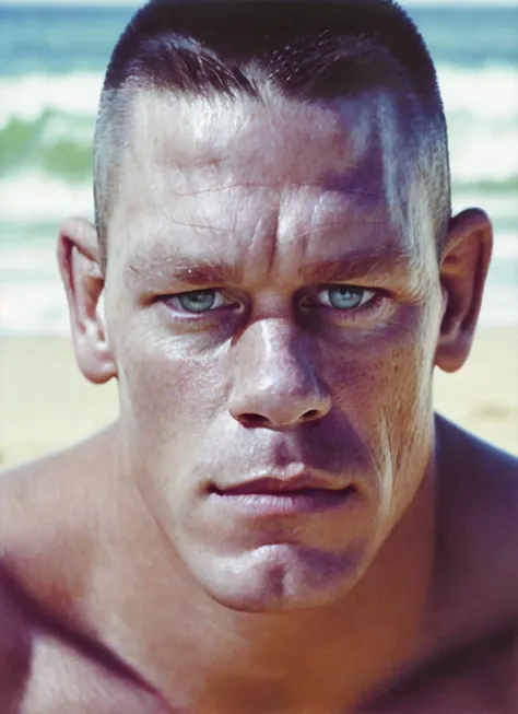 photo of beautiful sks person, hyper realistic photograph, detailed face,film grain, Kodak portra 800, f1.8, intricate, at the beach, <lora:locon_johncena_v1_from_v1_64_32:1.25>