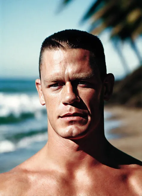 analog style, modelshoot style, photo of beautiful sks person, hyper realistic photograph, detailed face,film grain, Kodak portra 800, f1.8, intricate, at the beach, <lora:locon_johncena_v1_from_v1_64_32:1.25>