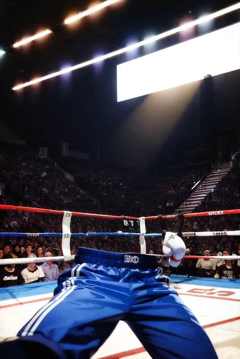 <lora:invisible-14:1>,INVISIBLE, NO HUMANS, FACELESS, HEADLESS, golve and pants fighting ring, boxing ring, lost of audiences, big ceiling tv, sweat, indoor stadium
