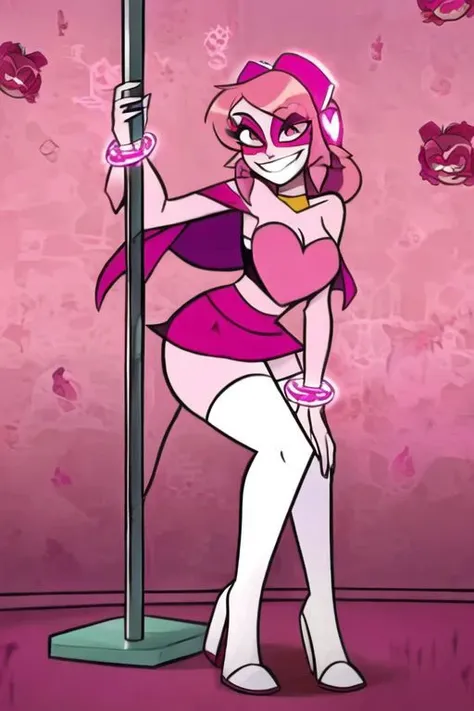<lyco:MegaMilkV1-20:1.0>, poseMega, 1girl, breasts, super crown, collar, large breasts, bracelet, crown, ponytail, long hair, smile, jewelry, teeth, nail polish, grin, pink_dress, leaning_forward, shirtMega, poseMega, missheed, pink eyes, full body, stripper pole, pole, pole dancing