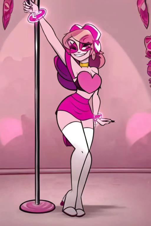<lyco:MegaMilkV1-20:1.0>, poseMega, 1girl, breasts, super crown, collar, large breasts, bracelet, crown, ponytail, long hair, smile, jewelry, teeth, nail polish, grin, pink_dress, leaning_forward, shirtMega, poseMega, missheed, pink eyes, full body, stripper pole, pole, pole dancing