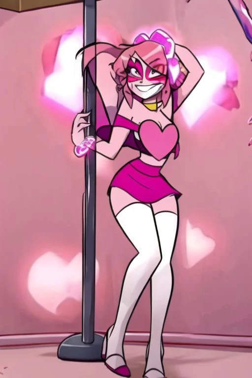 <lyco:MegaMilkV1-20:1.0>, poseMega, 1girl, breasts, super crown, collar, large breasts, bracelet, crown, ponytail, long hair, smile, jewelry, teeth, nail polish, grin, pink_dress, leaning_forward, shirtMega, poseMega, missheed, pink eyes, full body, stripper pole, pole, pole dancing
