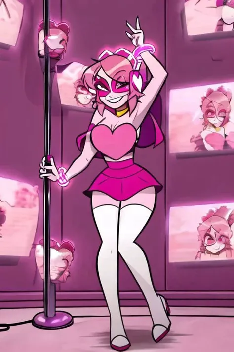 <lyco:MegaMilkV1-20:1.0>, poseMega, 1girl, breasts, super crown, collar, large breasts, bracelet, crown, ponytail, long hair, smile, jewelry, teeth, nail polish, grin, pink_dress, leaning_forward, shirtMega, poseMega, missheed, pink eyes, full body, stripper pole, pole, pole dancing