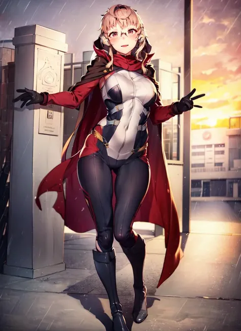 ((best quality)), ((highly detailed)), masterpiece, extremely detailed face, beautiful face, , <lora:more_details:.2>, (1girl), (glasses), dynamic pose, full body, superhero, spandex bodysuit, skin tight clothes, long cape, gloves, knee boots, (flying), smile, (outside, <lora:school_outdoors_v0.2:1>, at a school, building, gate, fence, sunset, raining), <lora:AHOBAKA_style_v02:1>