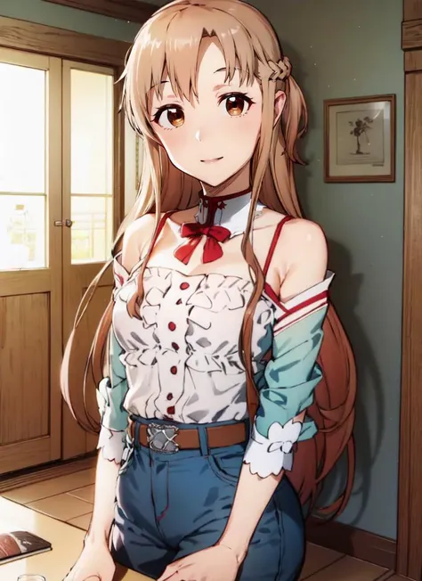 ((best quality)), ((highly detailed)), masterpiece, extremely detailed face, beautiful face, , (1girl), (glasses), upper body, <lora:Yuuki Asuna-Kizuki:.9> yuuki asuna, kizukiai, brown hair, long hair, braid, brown eyes, medium breasts, smiling, white blouse, green sleeves, short sleeves, jean shorts, short shorts, shoes, (indoors, in a hall), <lora:AHOBAKA_style_v02:1>