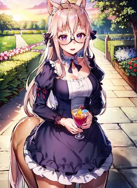 ((best quality)), ((highly detailed)), extremely detailed face, beautiful face, , <lora:more_details:.3>, (1girl), (glasses), top view, upper body, ((cocktail dress, <lora:EraseGroinSkirt:1>)), <lora:aiomonstergirls_aiov4LoraLycoris:.6>, <lora:animeCentaur_v10:1>, (centaur), taur, horse ears, centauroid, hooves, (outside, at a garden, dawn), <lora:AHOBAKA_style_v02:1>
