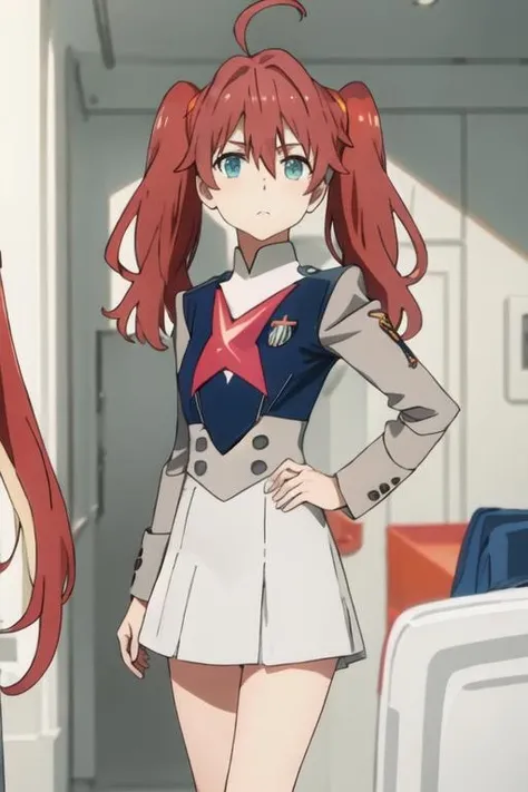 best quality, masterpiece, highres, solo, {miku_darlinginthefranxx:1.15}, twintails, ahoge, brown_hair, blue_eyes, red_hair, long_hair, green_eyes, 1girl, bangs, closed_mouth, hair_between_eyes, looking_at_viewer