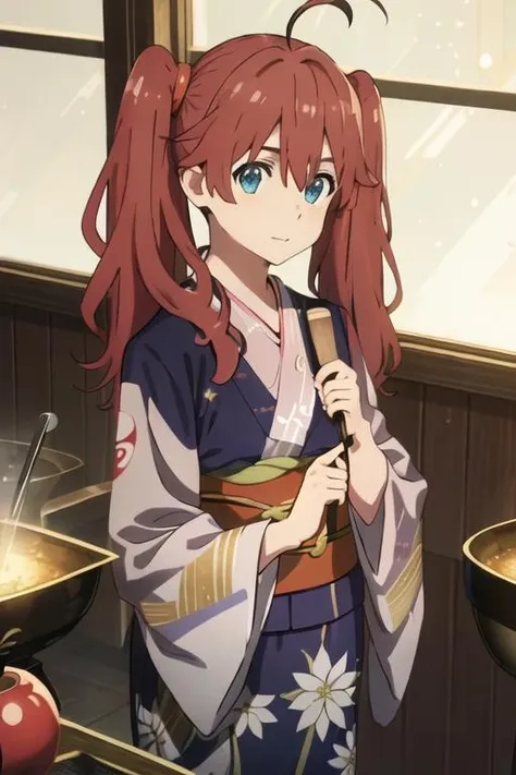 best quality, masterpiece, highres, solo, {yukata:1.40}, {kimono:1.20}, {miku_darlinginthefranxx:1.15}, twintails, ahoge, brown_hair, blue_eyes, red_hair, long_hair, green_eyes