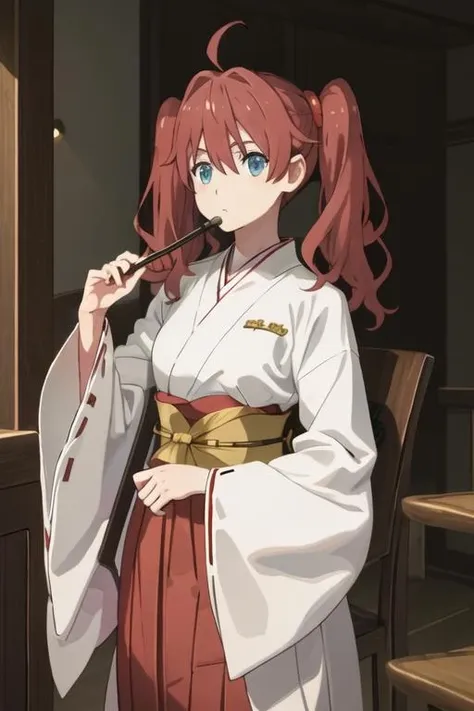 best quality, masterpiece, highres, solo, {white kimono:1.35}, {red hakama:1.35}, {wide sleeves:1.20}, {miku_darlinginthefranxx:1.15}, twintails, ahoge, brown_hair, blue_eyes, red_hair, long_hair, green_eyes