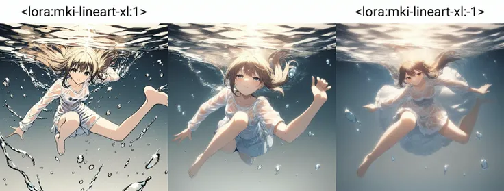 <lora:mki-lineart-xl:1>,1girl,((water drops)),wet clothes,((beautiful detailed water)),((floating)),dynamic angle,