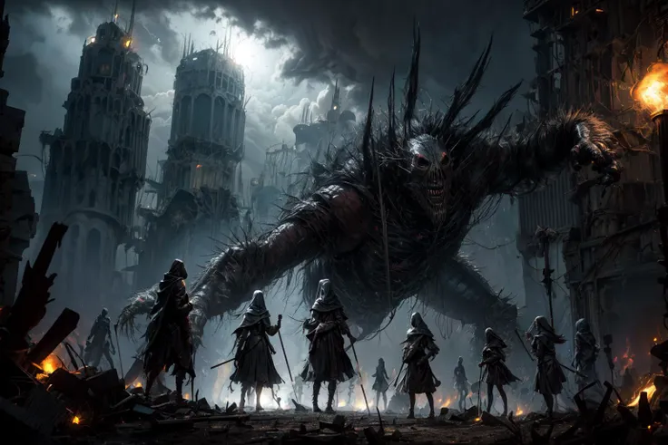 large group of short masked girls standing still holding very long metal sticks warding off evil, (enormous scary creature in the distance), elemental shift, fires in the distance, strange lights in the sky, windswept ruined city background <lyco:MADGOD_STYLE16:0.6> gloomy, dark, ominous <lora:more_details:0.4> more details