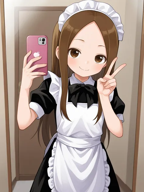 score_9, score_8_up, score_7_up, BREAK, source_anime  <lora:yamamoto-mix-lyco-pony-v1:0.8>
1girl, takagi-san, small breast, light skin, brown hair, (long hair:1.3), brown eyes,
maid,
girl taking a mirror selfie in her bathroom,
cowboy shot framing, looking at viewer, mirror, holding phone, smile, making a peace sign, v