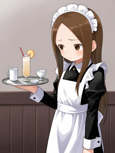 score_9, score_8_up, score_7_up, BREAK, source_anime  <lora:yamamoto-mix-lyco-pony-v1:0.8>
1girl, takagi-san, flat chest, light skin, brown hair, (long hair:1.3), brown eyes,
maid dress, maid, maid headdress, maid apron, holding tray, thighhighs, shy, looking to the side,