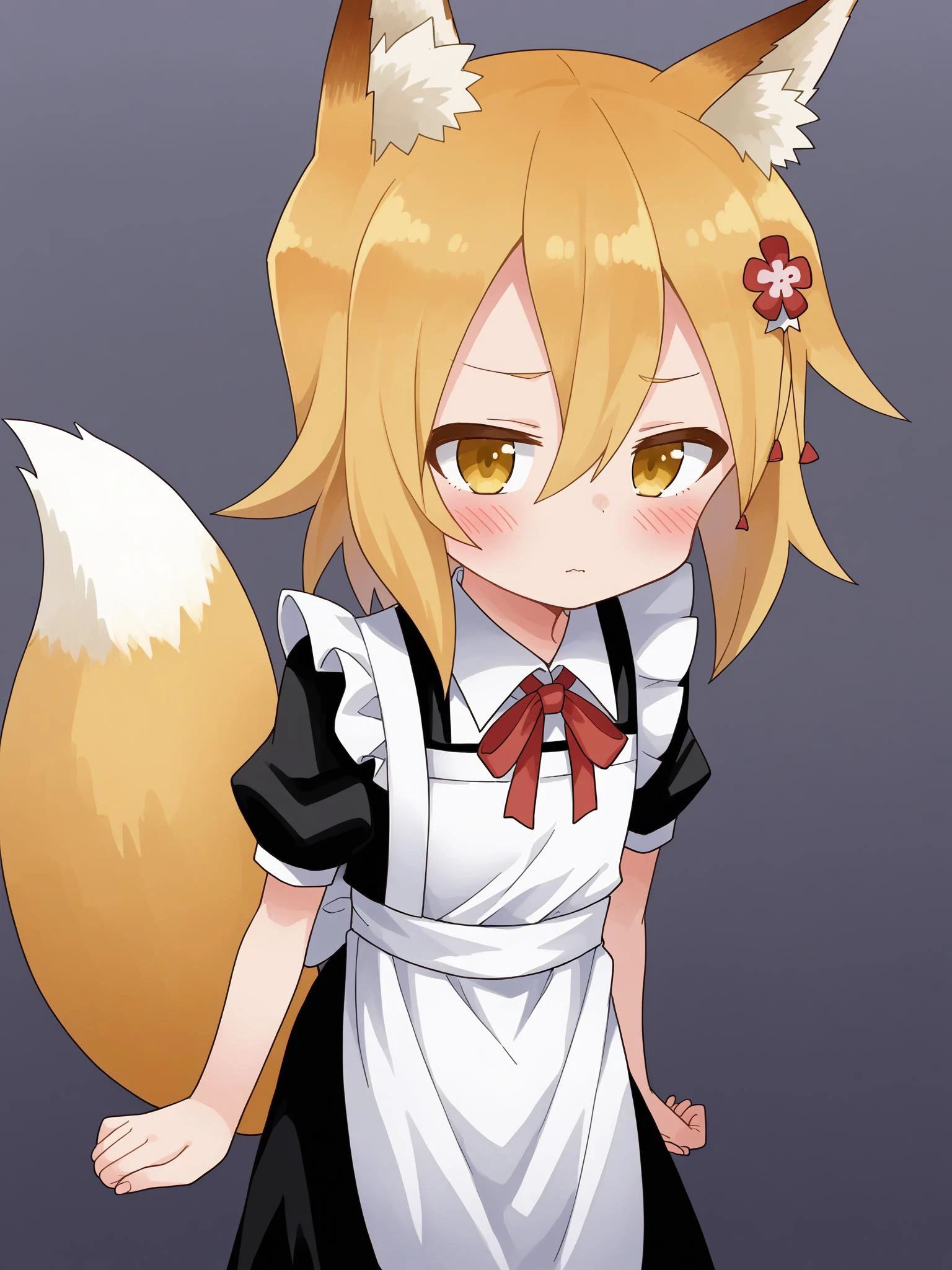 score_9, score_8_up, score_7_up, BREAK, source_anime <lora:yamamoto-mix-lyco-pony-v1:0.8>
1girl, solo, <lora:senko_ponyxl_v2:1>, sen, blonde hair, animal ears, fox ears, blush, animal ear fluff, hair ornament, fox girl, hair flower, hair between eyes, short hair, fox tail, tail, flat chest, yellow eyes, young girl
, maid outfit