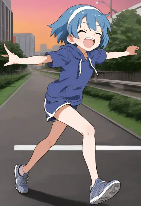 score_9, score_8_up, score_7_up, source_anime, rating_safe BREAK
1girl, laughing, blue hair, bob cut, white headband, dolphin shorts, hoodie
BREAK
running, wide shot, spread arms, suburb, backstreets, cityscape