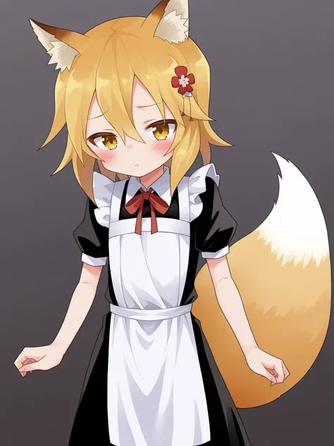 score_9, score_8_up, score_7_up, BREAK, source_anime  <lora:yamamoto-mix-lyco-pony-v1:0.8>
1girl, solo, <lora:senko_ponyxl_v2:1>, sen, blonde hair, animal ears, fox ears, blush, animal ear fluff, hair ornament, fox girl, hair flower, hair between eyes, short hair, fox tail, tail, flat chest, yellow eyes, young girl
, maid outfit