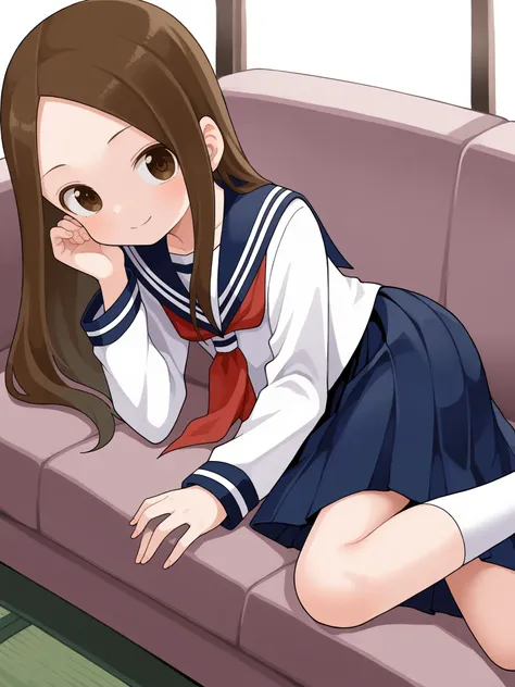 score_9, score_8_up, score_7_up, BREAK, source_anime  <lora:yamamoto-mix-lyco-pony-v1:0.8>
1girl, takagi-san, flat chest, light skin, brown hair, (long hair:1.3), brown eyes,
sailor collar, red neckerchief, sailor shirt, white shirt, long sleeves, long skirt, pleated skirt, blue skirt, white socks, loafer
lying on stomach