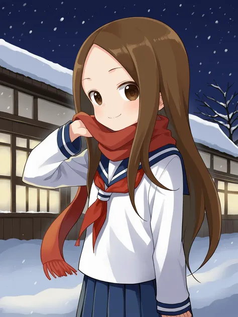 score_9, score_8_up, score_7_up, BREAK, source_anime, <lora:yamamoto-mix-lyco-pony-v1:0.8>
1girl, takagi-san, flat chest, light skin, brown hair, (long hair:1.3), brown eyes,
sailor collar, red neckerchief, sailor shirt, white shirt, long sleeves, pleated skirt, blue skirt, red scarf around neck, cowboy shot
snow, night, Japan village, from side, looks at the viewer, smile