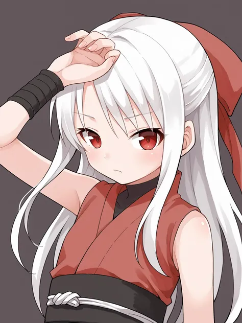 score_9, score_8_up, score_7_up, score_6_up, score_5_up, score_4_up, BREAK, source_anime  <lora:yamamoto-mix-lyco-pony-v1:0.8>
1girl,  solo,flat chest, light skin, white hair, (long hair:1.3), red eyes,
ninja, sleeveless, obi, japanese clothes <lora:ninja_XL_pony_v1:0.8>