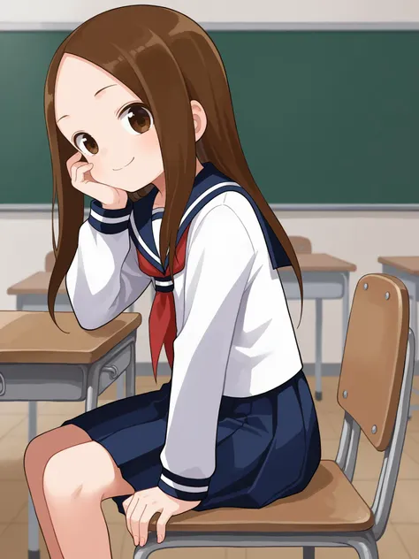 score_9, score_8_up, score_7_up, BREAK, source_anime  <lora:yamamoto-mix-lyco-pony-v1:0.8>
1girl, takagi-san, flat chest, light skin, brown hair, (long hair:1.3), brown eyes,
sailor collar, red neckerchief, sailor shirt, white shirt, long sleeves, pleated skirt, blue skirt
sitting, chair, classroom, from side, smile, hand on own face,