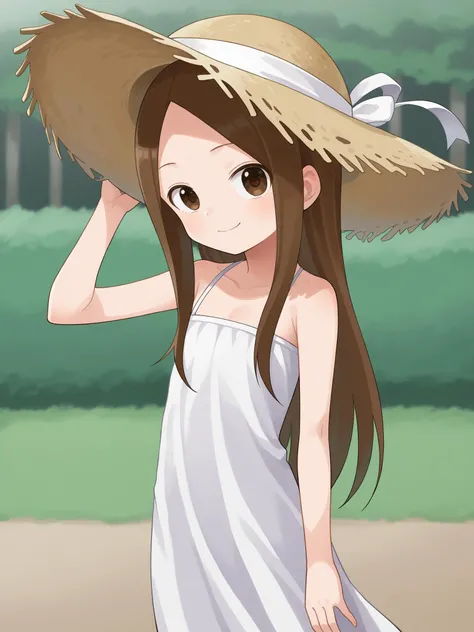 score_9, score_8_up, score_7_up, BREAK, source_anime <lora:yamamoto-mix-lyco-pony-v1:0.8>
1girl, takagi-san, flat chest, light skin, brown hair, (long hair:1.3), brown eyes,
White dress, long dress, big straw hat, outside, rice fields, smile