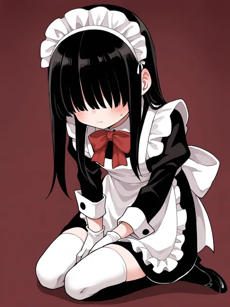 score_9, score_8_up, score_7_up, score_6_up, score_5_up, score_4_up, BREAK, source_anime  <lora:yamamoto-mix-lyco-pony-v1:0.8>
1girl, hair over eyes, black hair, long hair
maid dress, maid, long sleeves, red bow tie, bow tie, maid headdress, maid apron,White gloves with bows, thighhighs, shy, white bow,
sit on your knees, broken dishes